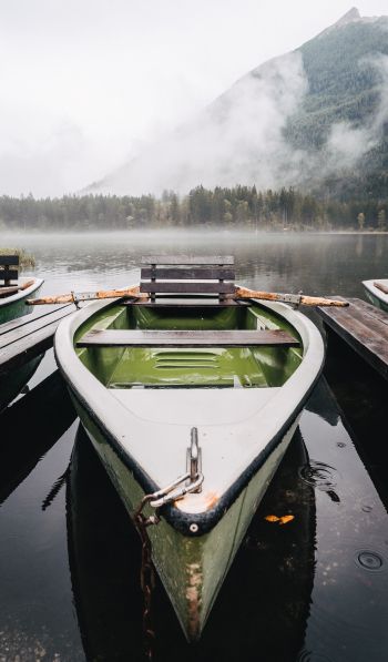 boat, lake, fog, mountains Wallpaper 600x1024