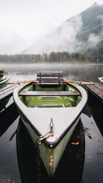 boat, lake, fog, mountains Wallpaper 1440x2560