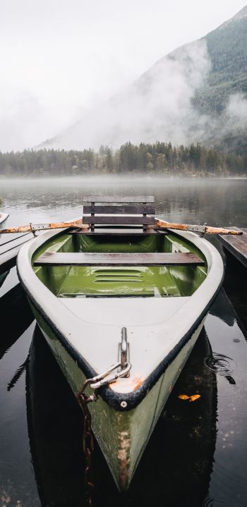boat, lake, fog, mountains Wallpaper 1440x2960