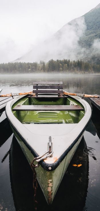 boat, lake, fog, mountains Wallpaper 1440x3040