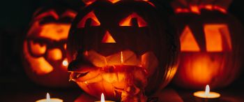 halloween, pumpkin, candles Wallpaper 3440x1440