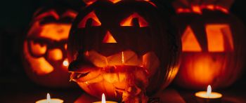 halloween, pumpkin, candles Wallpaper 2560x1080