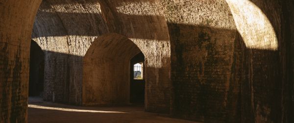 old building, corridor, tunnel Wallpaper 3440x1440