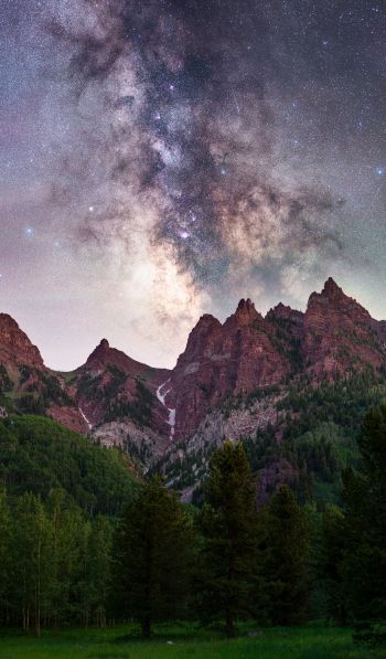 milky way, mountains, forest Wallpaper 600x1024