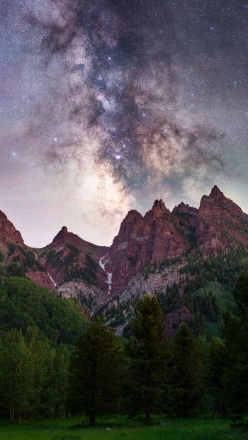 milky way, mountains, forest Wallpaper 640x1136