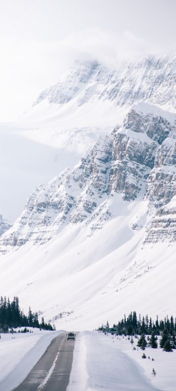 mountains, road, snow Wallpaper 1440x3200