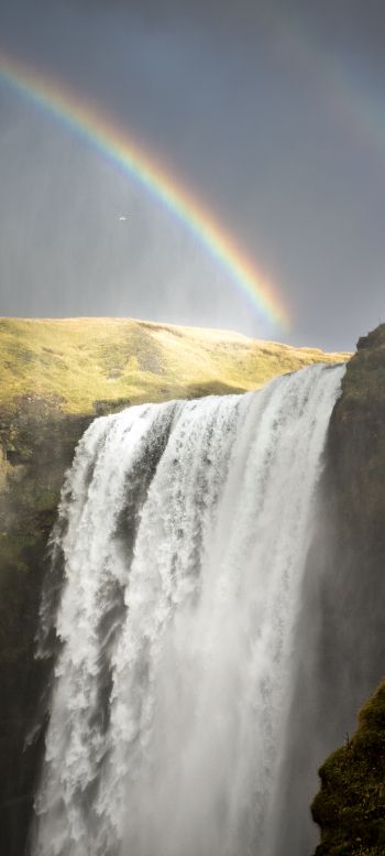 Обои 1080x2400 водопад Скоугафосс, Исландия, радуга