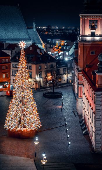 Christmas tree, night, night city, New Year Wallpaper 1200x2000