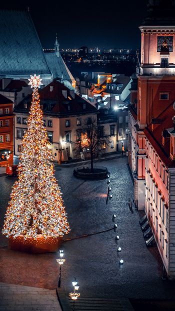 Christmas tree, night, night city, New Year Wallpaper 720x1280