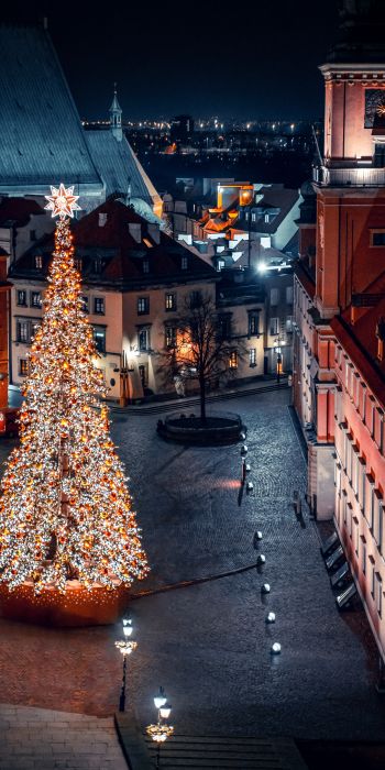 Christmas tree, night, night city, New Year Wallpaper 720x1440