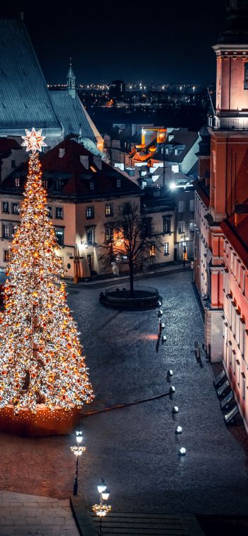 Christmas tree, night, night city, New Year Wallpaper 1125x2436