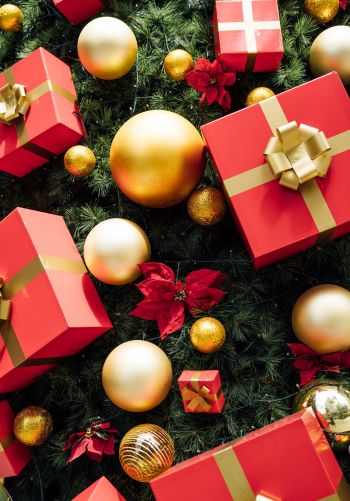 gifts, holiday, balls, red Wallpaper 1668x2388