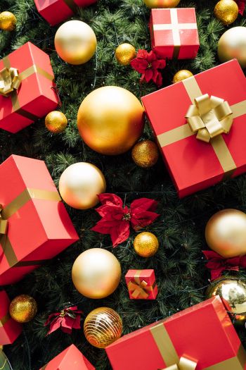 gifts, holiday, balls, red Wallpaper 640x960