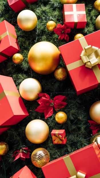gifts, holiday, balls, red Wallpaper 1440x2560