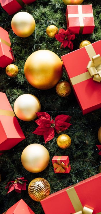 gifts, holiday, balls, red Wallpaper 1440x3040