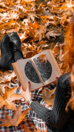 Обои 750x1334 осень, девушка, кленовый лист, настроение осень, книга