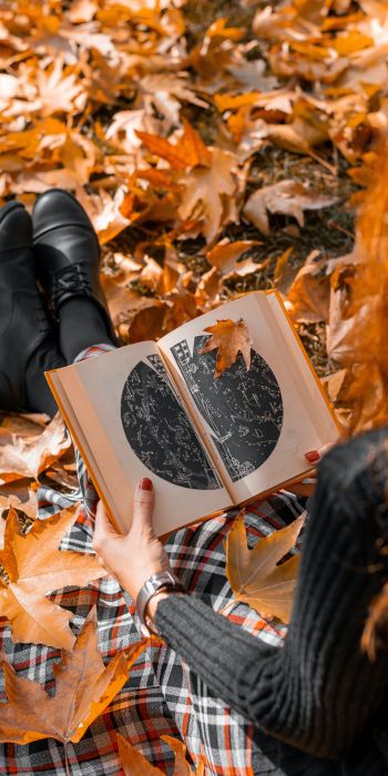 Обои 720x1440 осень, девушка, кленовый лист, настроение осень, книга