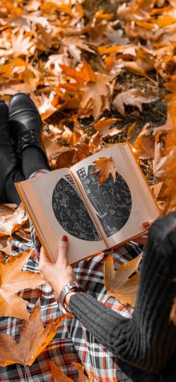 Обои 828x1792 осень, девушка, кленовый лист, настроение осень, книга