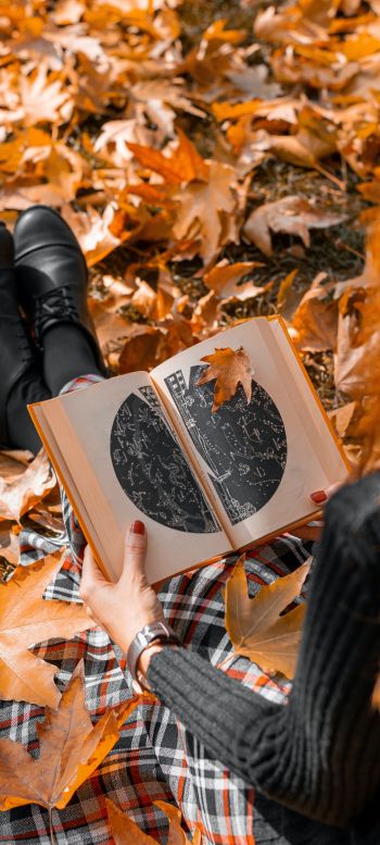 Обои 1440x3200 осень, девушка, кленовый лист, настроение осень, книга