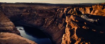 canyon, lake, rocks, sun, photographer Wallpaper 2560x1080