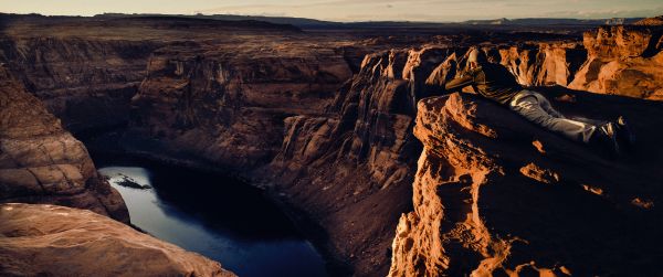 canyon, lake, rocks, sun, photographer Wallpaper 3440x1440