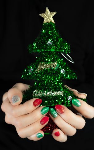 Christmas tree, girl, nails, manicure, star, black background Wallpaper 1752x2800