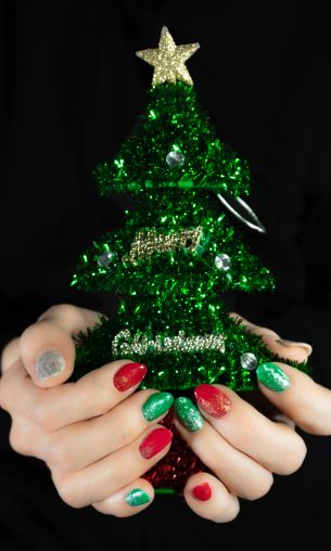 Christmas tree, girl, nails, manicure, star, black background Wallpaper 1200x2000