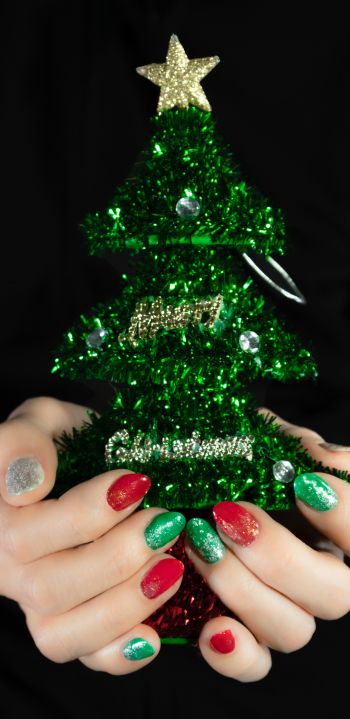 Christmas tree, girl, nails, manicure, star, black background Wallpaper 1440x2960