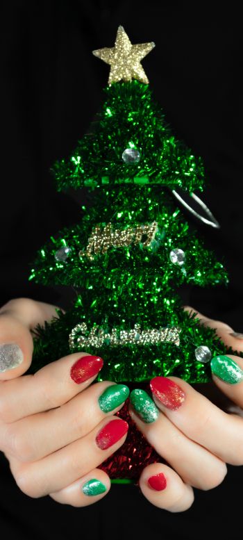 Christmas tree, girl, nails, manicure, star, black background Wallpaper 1440x3200