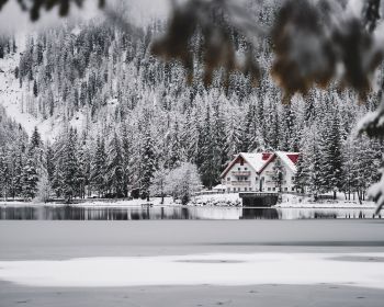 winter, snow, cold, ice, lake house, forest, in the woods Wallpaper 1280x1024