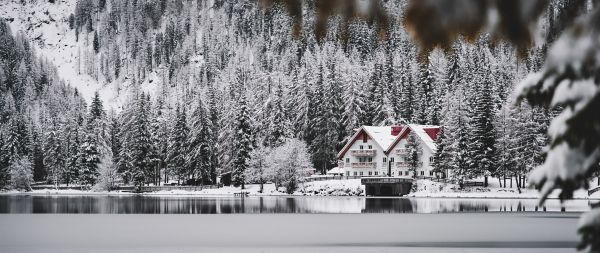 winter, snow, cold, ice, lake house, forest, in the woods Wallpaper 2560x1080