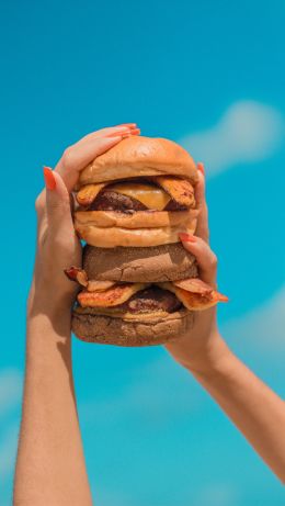 burger, girl, hands, sky, cheese, cutlet, bun, food Wallpaper 640x1136