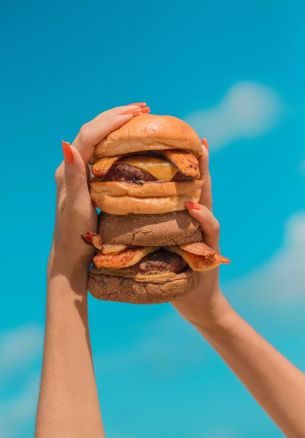 burger, girl, hands, sky, cheese, cutlet, bun, food Wallpaper 1640x2360