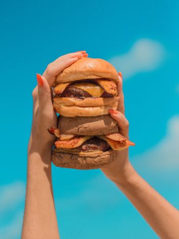Обои 1620x2160 бургер, девушка, руки, небо, сыр, котлета, булочка, еда