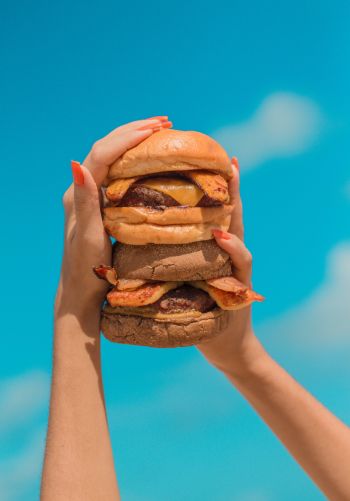 Обои 1668x2388 бургер, девушка, руки, небо, сыр, котлета, булочка, еда