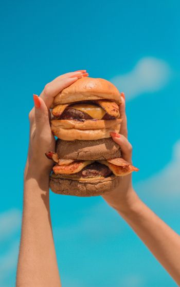 burger, girl, hands, sky, cheese, cutlet, bun, food Wallpaper 1752x2800