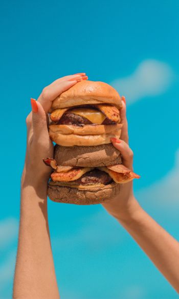 burger, girl, hands, sky, cheese, cutlet, bun, food Wallpaper 1200x2000