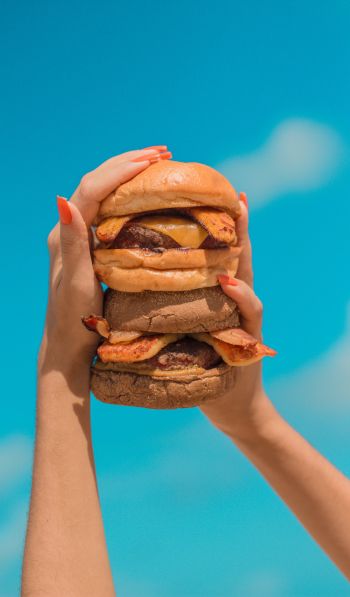 burger, girl, hands, sky, cheese, cutlet, bun, food Wallpaper 600x1024