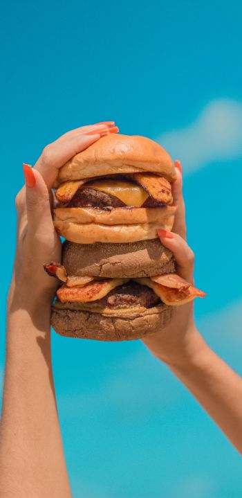 Обои 1080x2220 бургер, девушка, руки, небо, сыр, котлета, булочка, еда