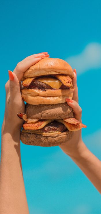 Обои 720x1520 бургер, девушка, руки, небо, сыр, котлета, булочка, еда