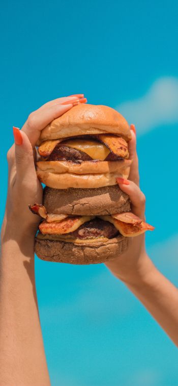 burger, girl, hands, sky, cheese, cutlet, bun, food Wallpaper 1170x2532