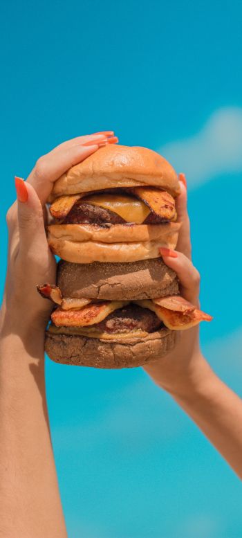 Обои 720x1600 бургер, девушка, руки, небо, сыр, котлета, булочка, еда