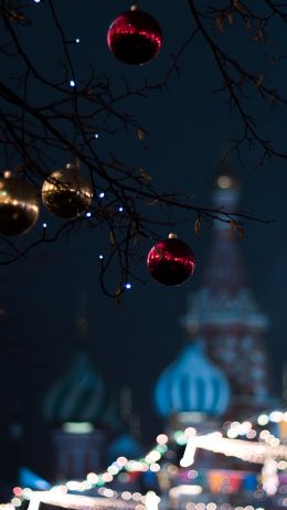 Обои 1080x1920 Москва, украшения, лампочки, ночь, расфокусировка
