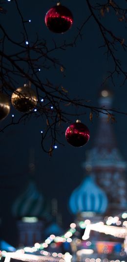 Обои 1440x2960 Москва, украшения, лампочки, ночь, расфокусировка