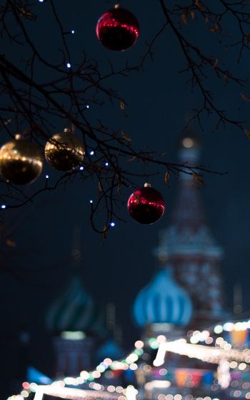 Moscow, decoration, light bulb, night, defocus Wallpaper 1600x2560