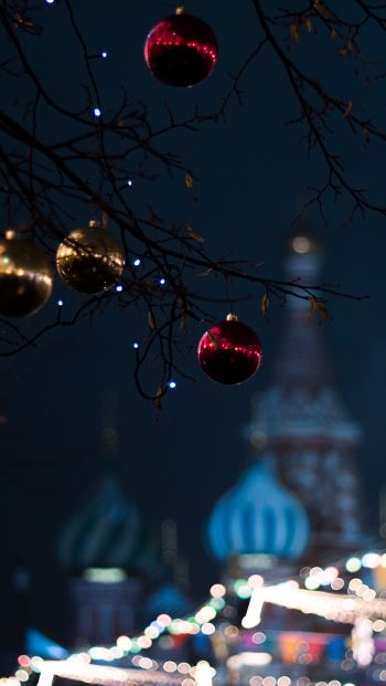 Moscow, decoration, light bulb, night, defocus Wallpaper 640x1136