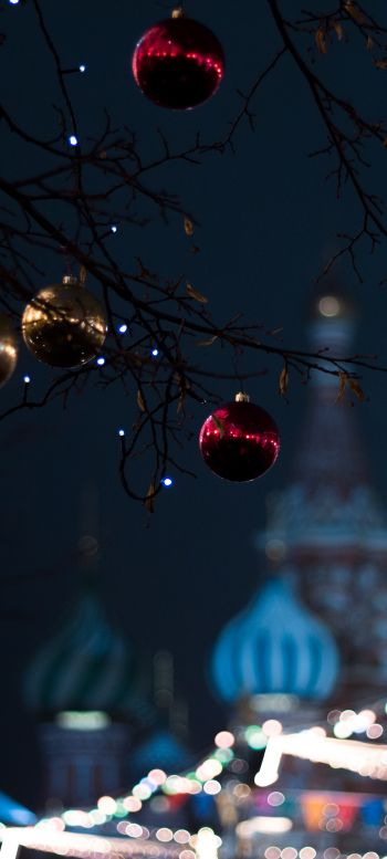 Moscow, decoration, light bulb, night, defocus Wallpaper 1080x2400