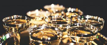 cup, golden, glass, sparkling, champagne, rest Wallpaper 2560x1080