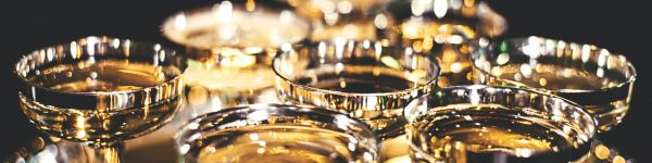 cup, golden, glass, sparkling, champagne, rest Wallpaper 1590x400