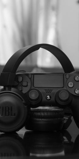 headphone, joystick, game, black and white photo, music Wallpaper 720x1440